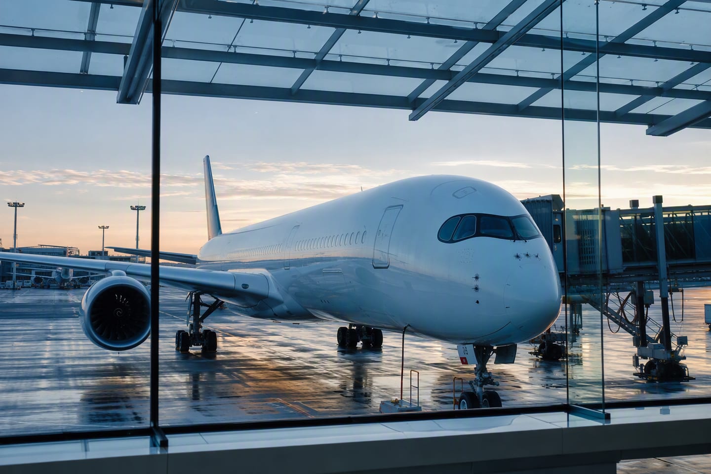 A Lufthansa Airbus A350 sits at the gate beneath the glass roof of Frankfurt Airport, its polished fuselage glowing in the cool blue light of an early European morning.