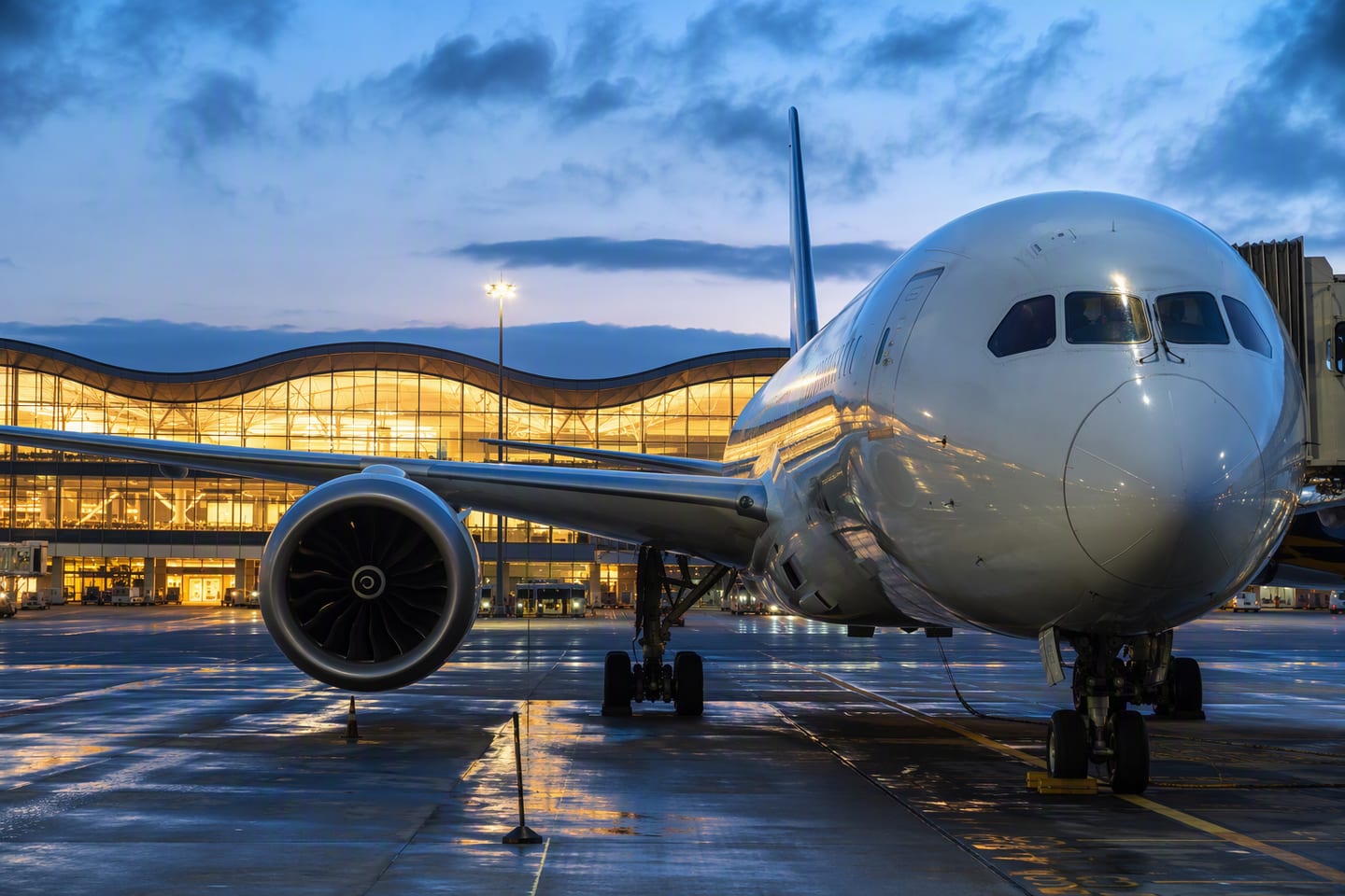 A wide-body Boeing 787 rests at a quiet international airport gate beneath glowing terminal windows at blue hour, with its polished fuselage reflecting the runway lights.