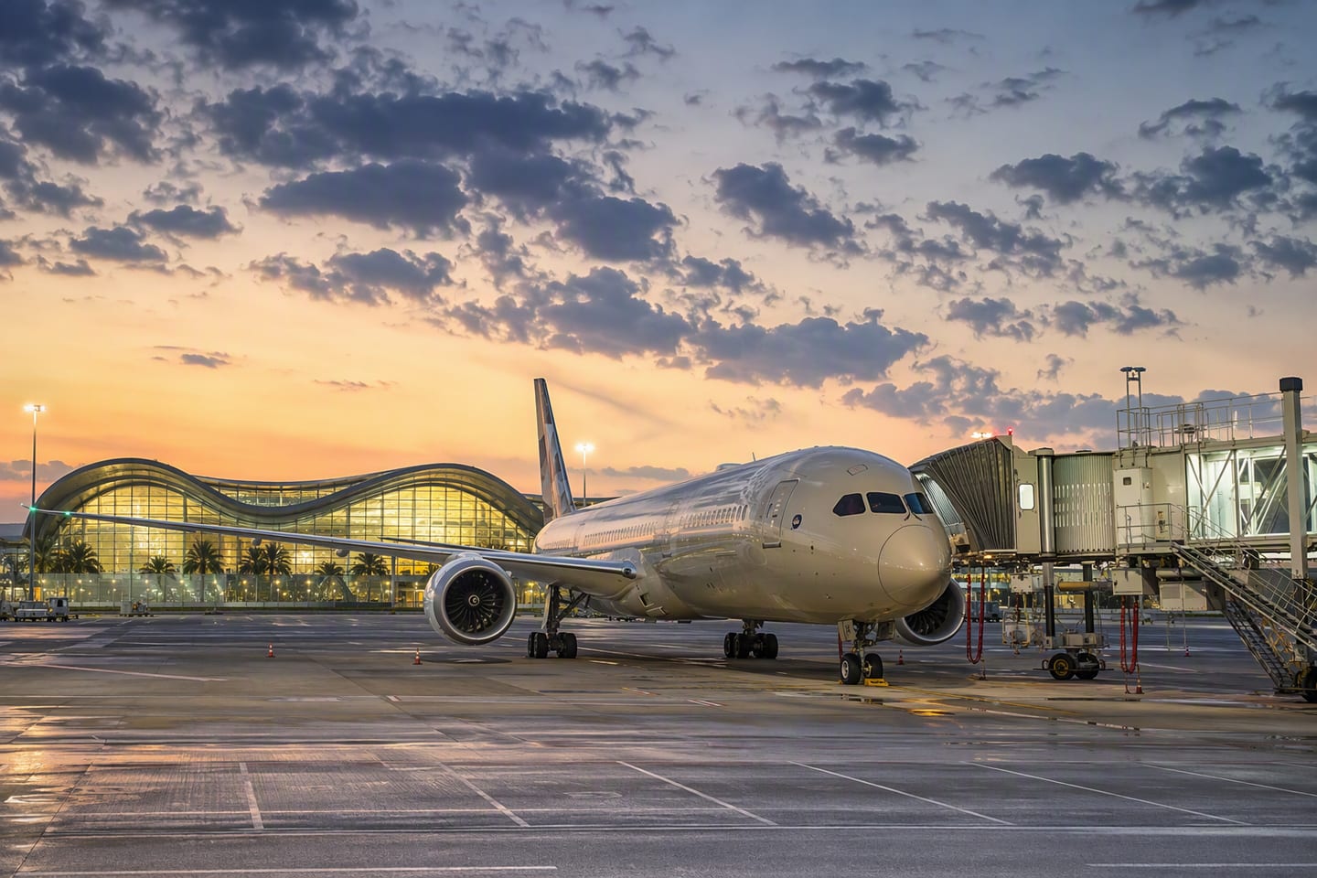 An Etihad Airways Boeing 787 Dreamliner rests at a gate beneath the glowing terminal lights of Abu Dhabi International Airport at dusk.