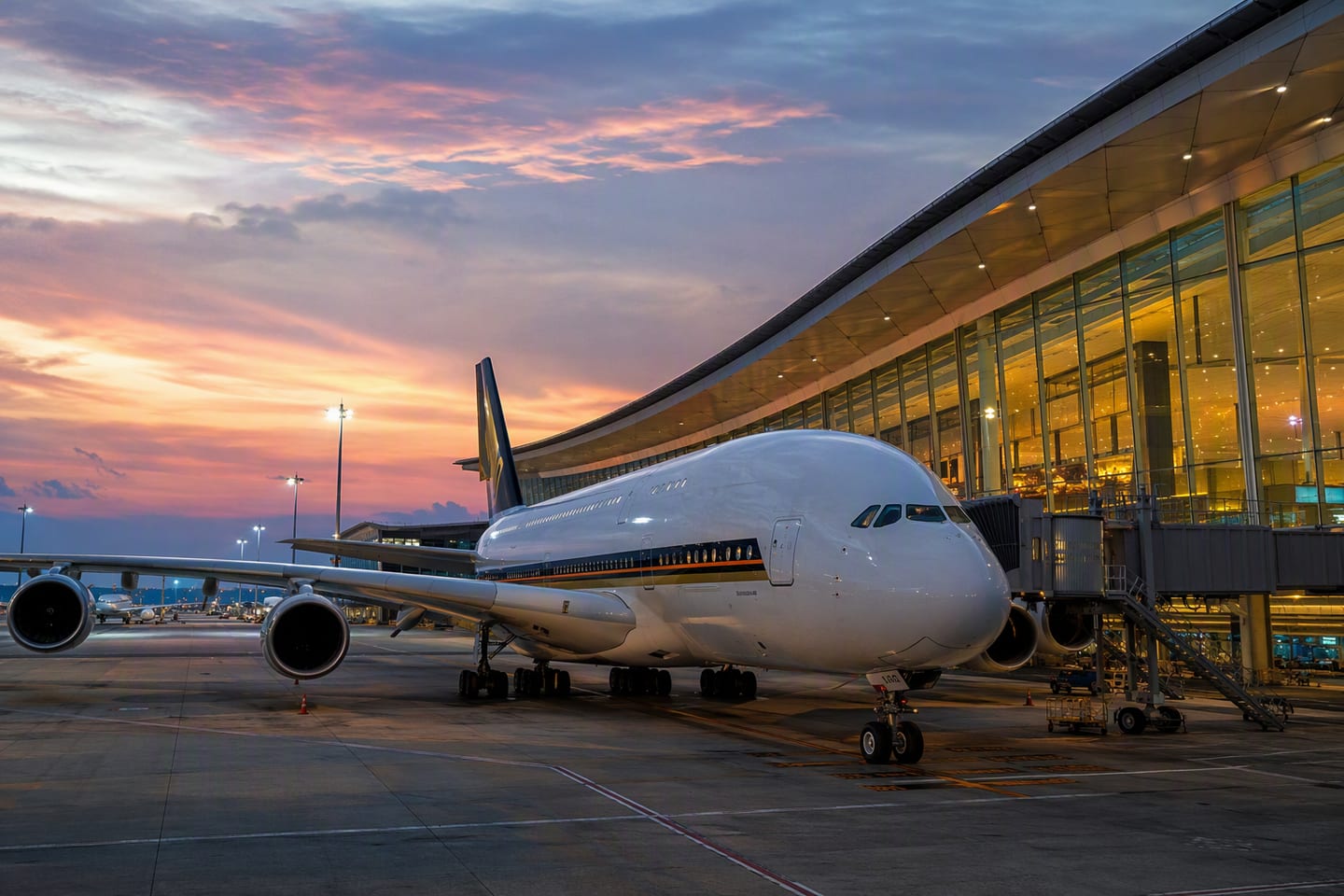 A Singapore Airlines Airbus A380 rests at the gate beneath the glowing terminal windows at Singapore Changi Airport after dusk.