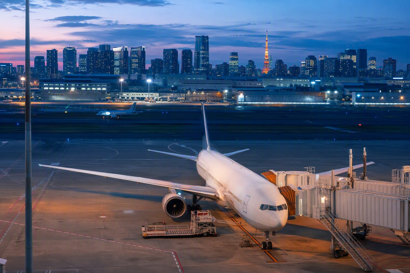 Tokyo’s skyline rises beyond Tokyo Haneda Airport at blue hour, with a wide-body ANA or JAL jet parked at a luminous international gate in the foreground.