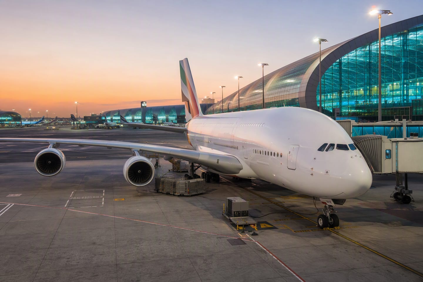 An Emirates Airbus A380 rests at a Dubai International Airport gate beneath the terminal’s glowing evening lights.