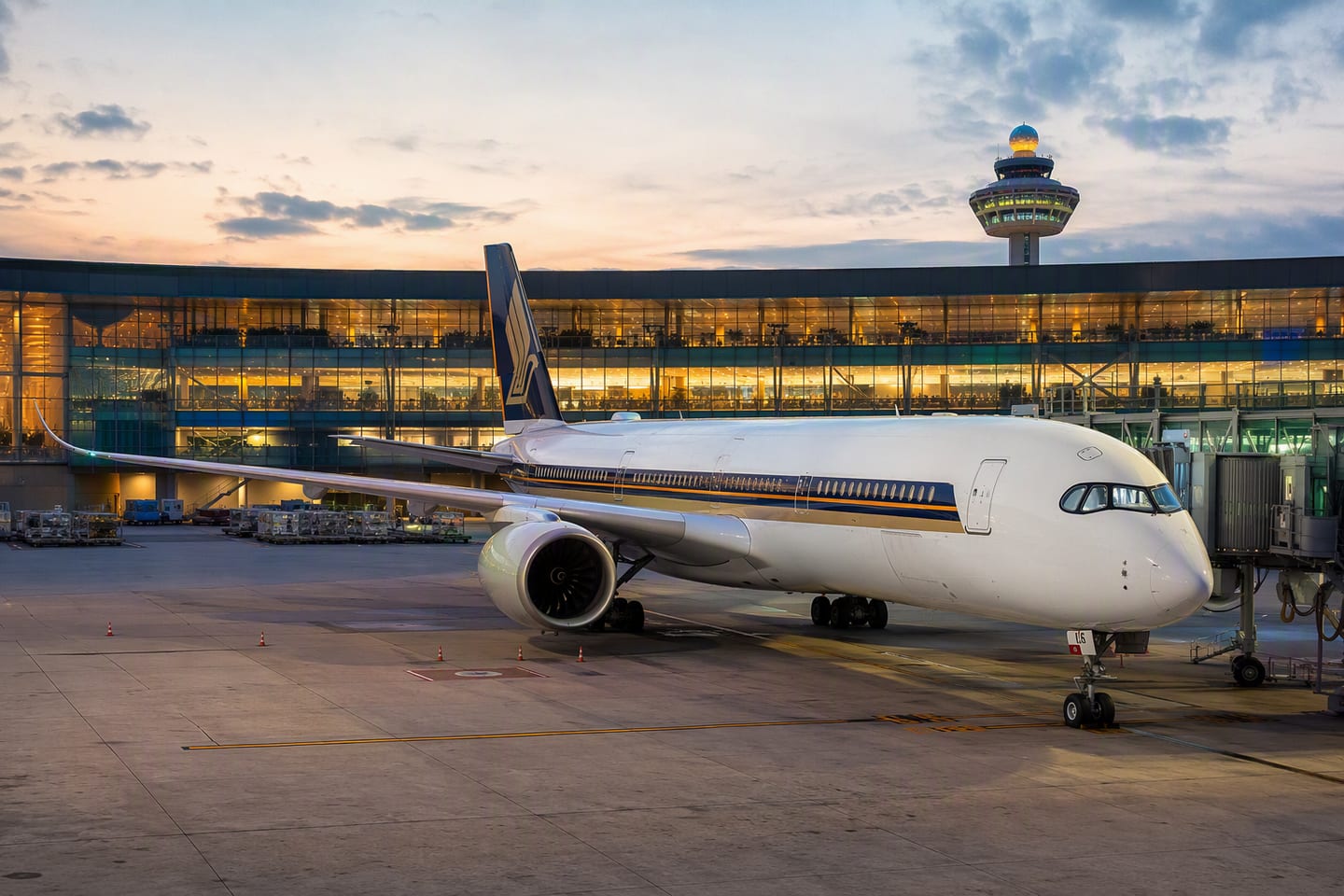 A Singapore Airlines Airbus A350 rests at a glass-walled gate in Singapore Changi Airport beneath the terminal’s warm evening lights.
