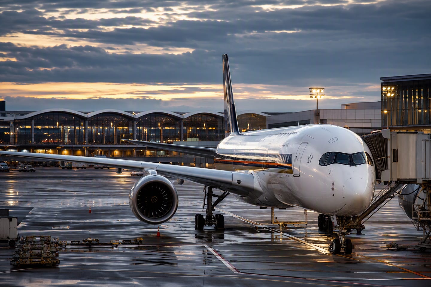 A Singapore Airlines Airbus A350 sits at the gate beneath the glowing departure hall lights at New York’s John F. Kennedy International Airport.