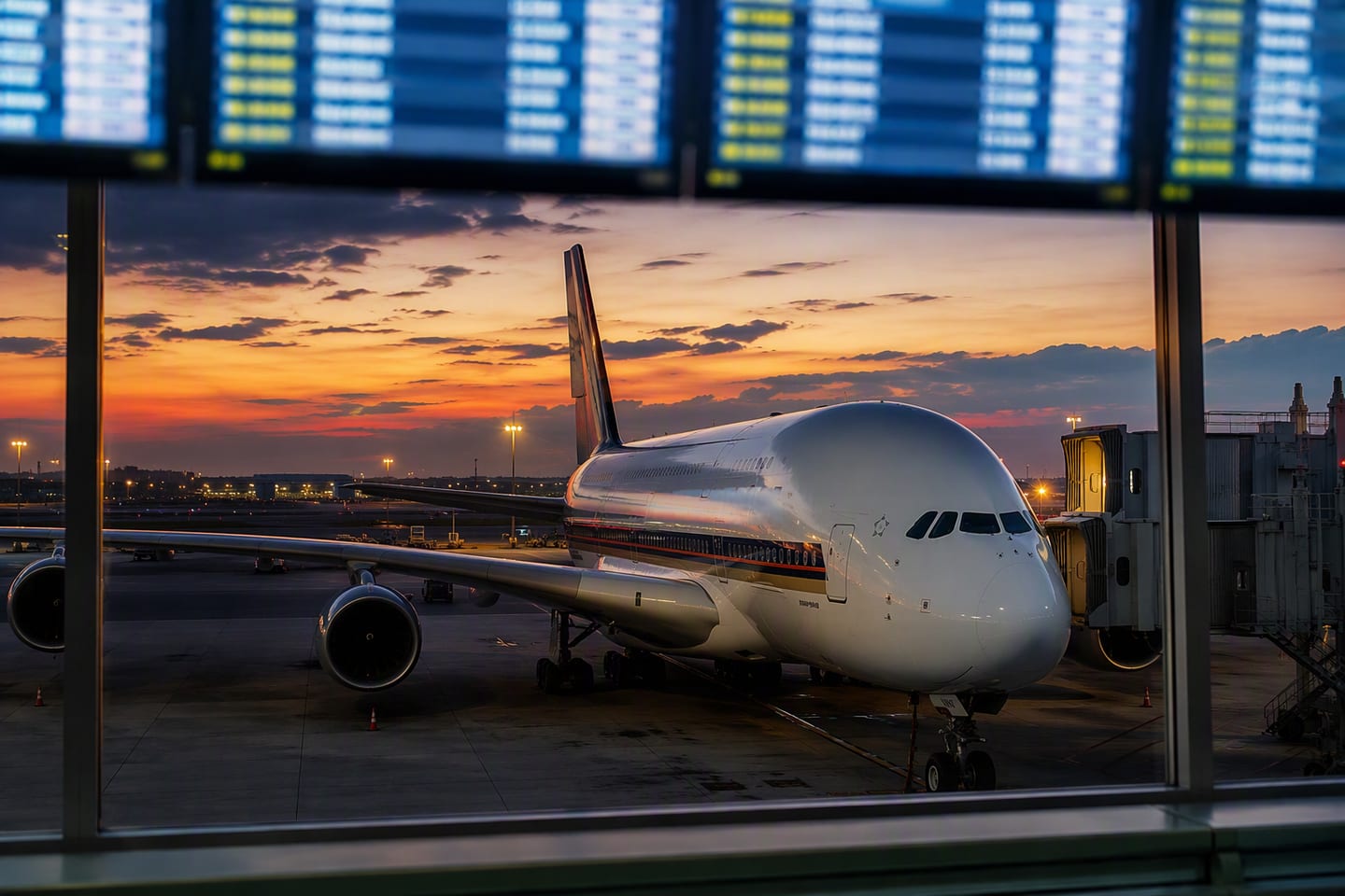 A Singapore Airlines Airbus A380 waits at the gate beneath the glowing departure boards at Singapore Changi Airport after sunset, its polished fuselage reflecting the terminal lights.