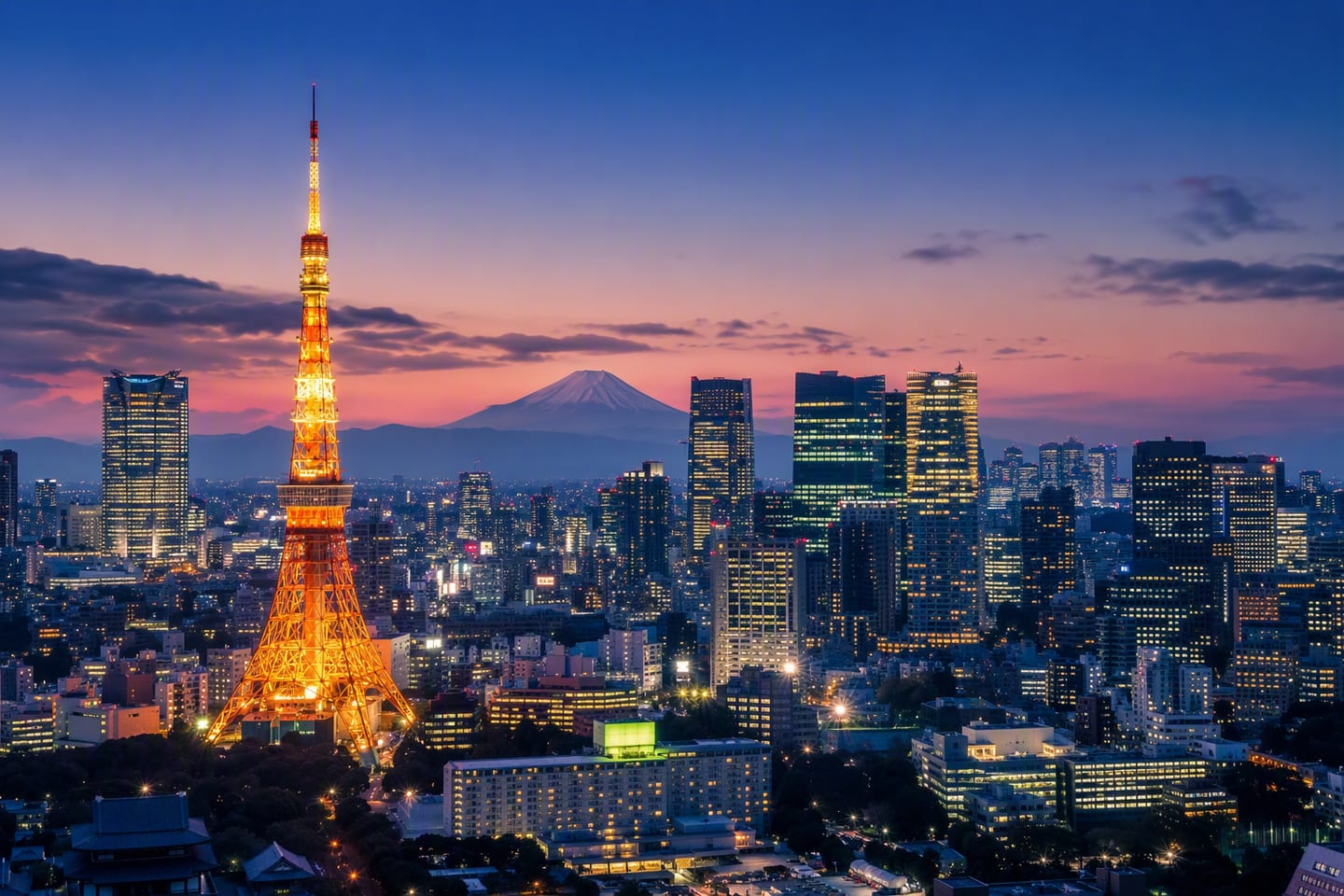 Tokyo’s skyline glows at blue hour behind the illuminated Tokyo Tower, with Mount Fuji faintly visible beyond the city.