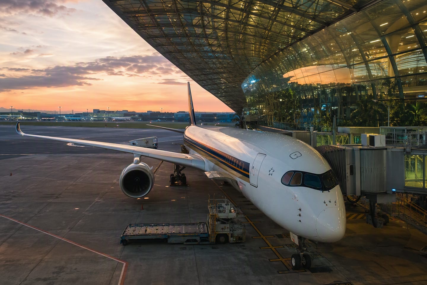 A Singapore Airlines Airbus A350 sits at the gate beneath the glowing glass roof of Singapore Changi Airport at dusk.