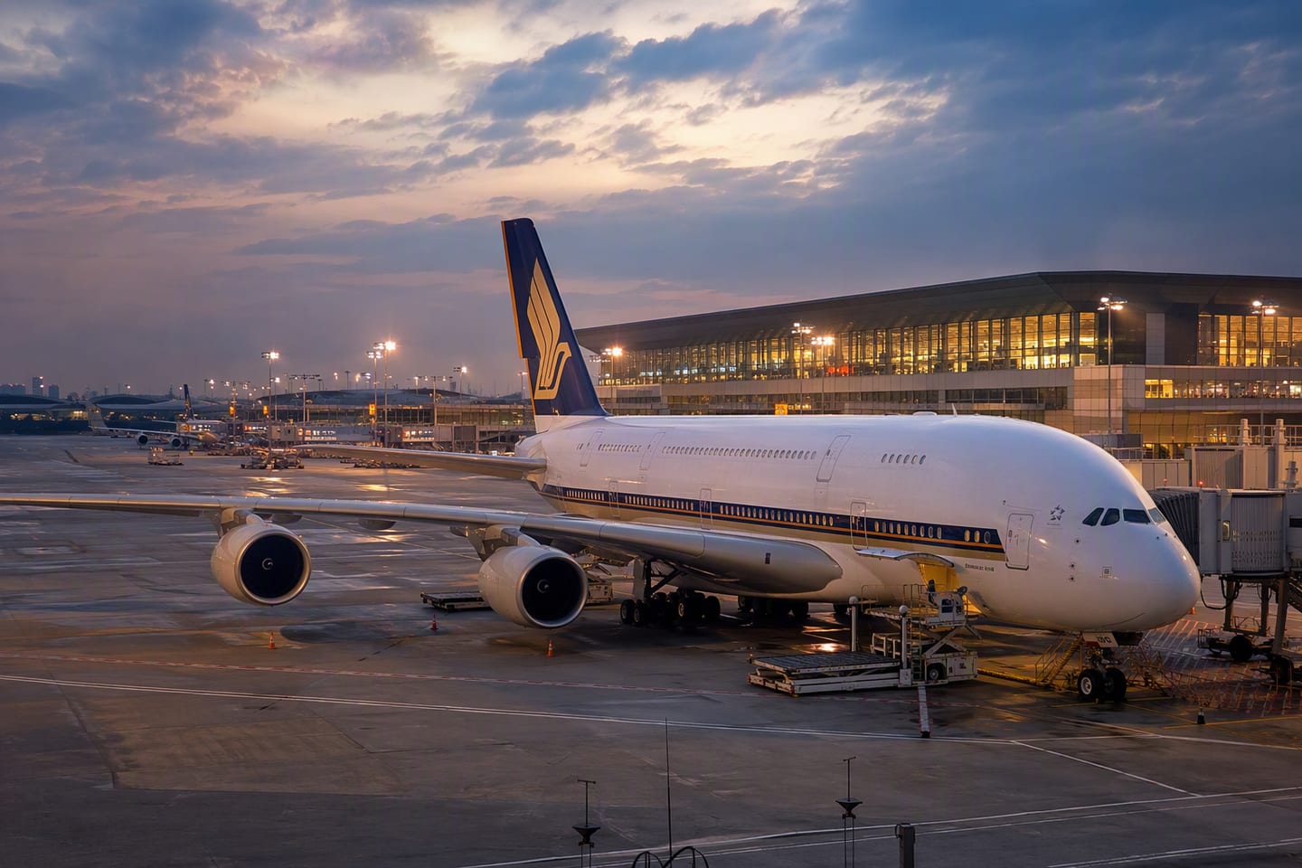 A Singapore Airlines Airbus A380 rests at the gate beneath the glowing terminal lights at Singapore Changi Airport after dusk.