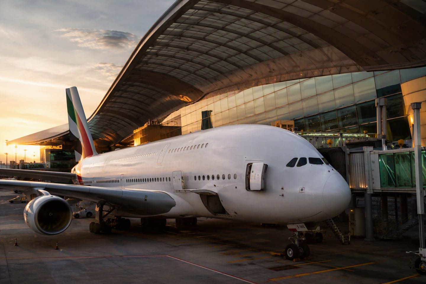 An Emirates Airbus A380 rests at a gate beneath the sweeping glass roof of Dubai International Airport, its First and Business Class cabin doors visible in the warm evening light.
