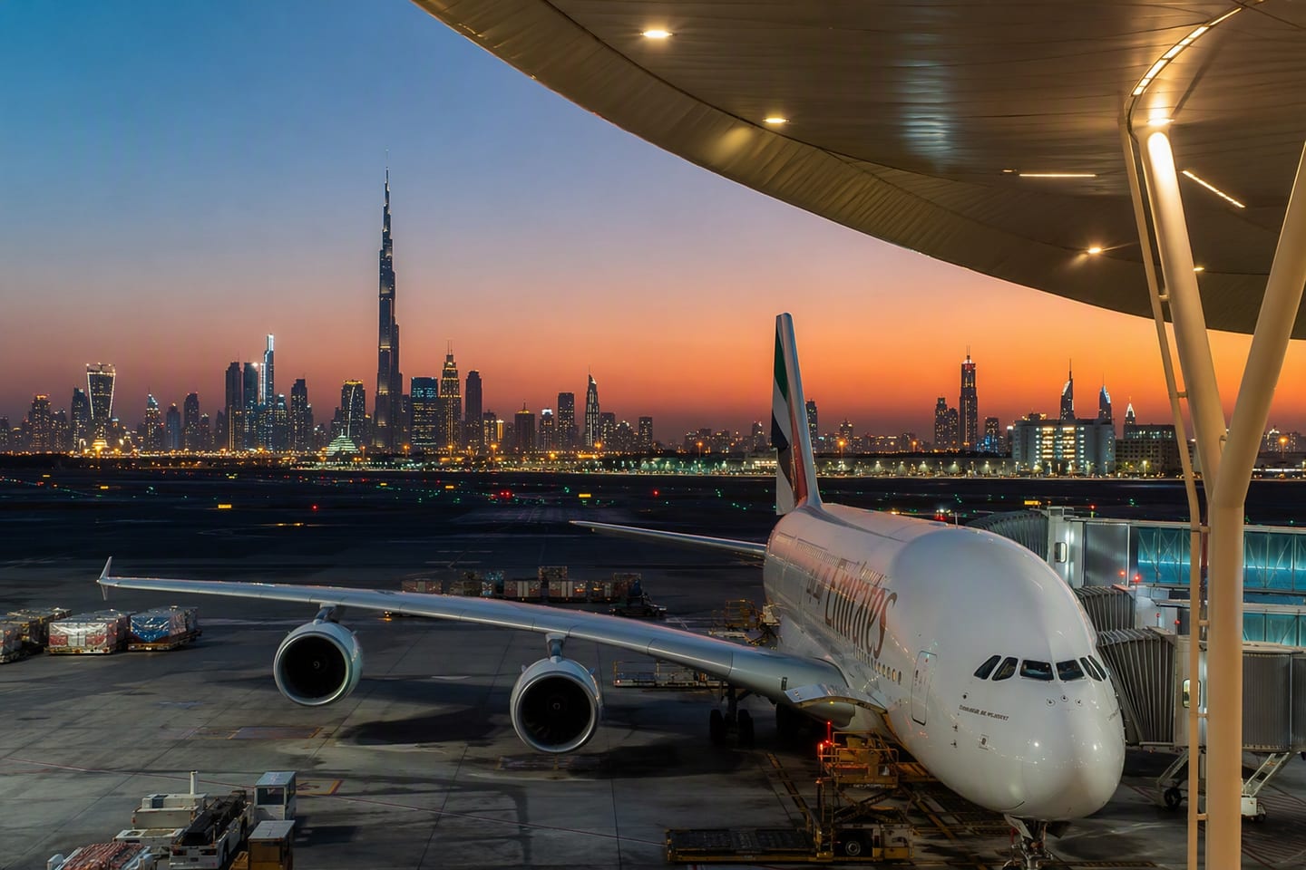 An Emirates Airbus A380 rests at a gate beneath the illuminated terminal canopy at Dubai International Airport, with the city’s glowing skyline visible beyond the airfield at dusk.