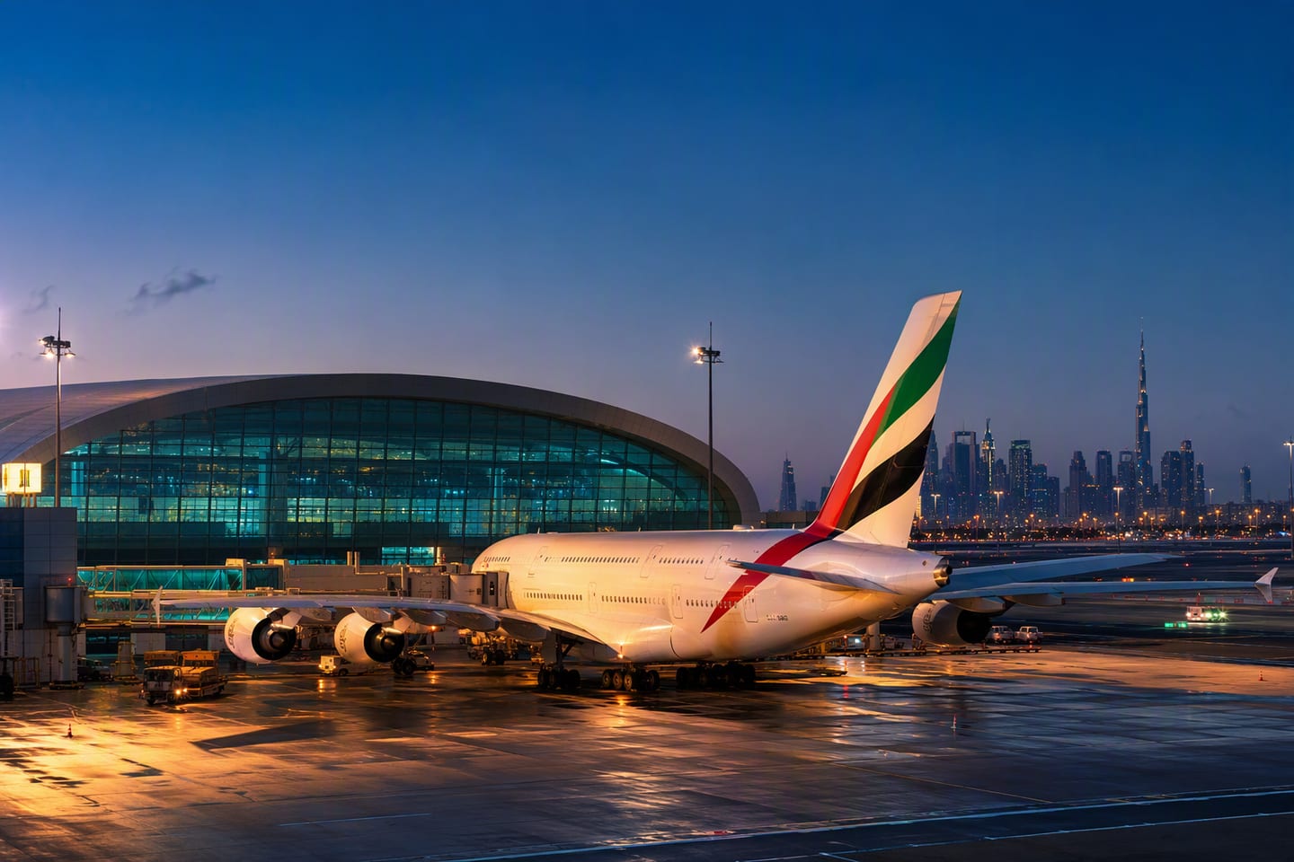 An Emirates A380 rests at a Dubai International Airport gate at blue hour, its cream-and-red livery glowing against the terminal’s glass façade and distant city lights.