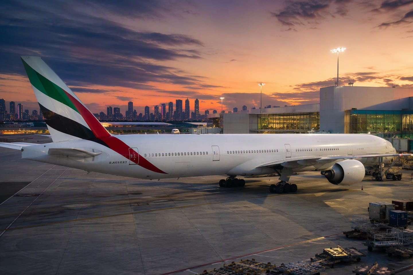 An Emirates Boeing 777-300ER rests at a Miami International Airport gate at dusk, its white fuselage and red-green tail gleaming beneath the terminal lights.