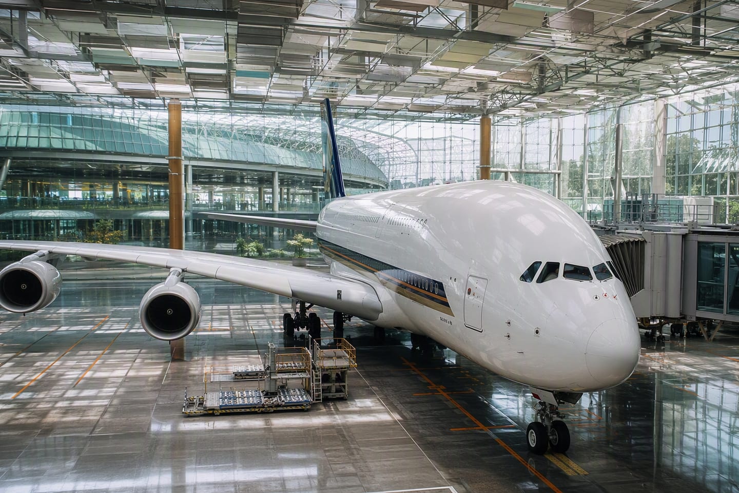 A Singapore Airlines Airbus A380 rests at the gate beneath the glass roof of Singapore Changi Airport, its broad cabin hinting at room for a family’s award-seat adventure.