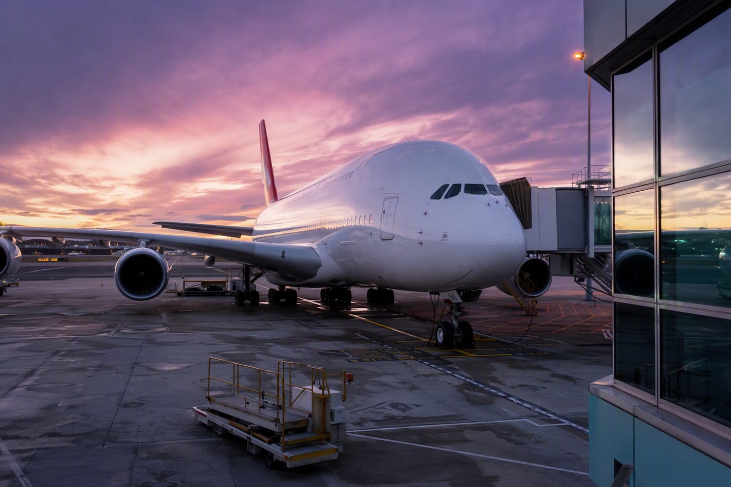 A Qantas Airbus A380 rests at a gate at Sydney Kingsford Smith International Airport beneath a glowing violet dusk sky, with the terminal windows reflecting the aircraft’s white fuselage.