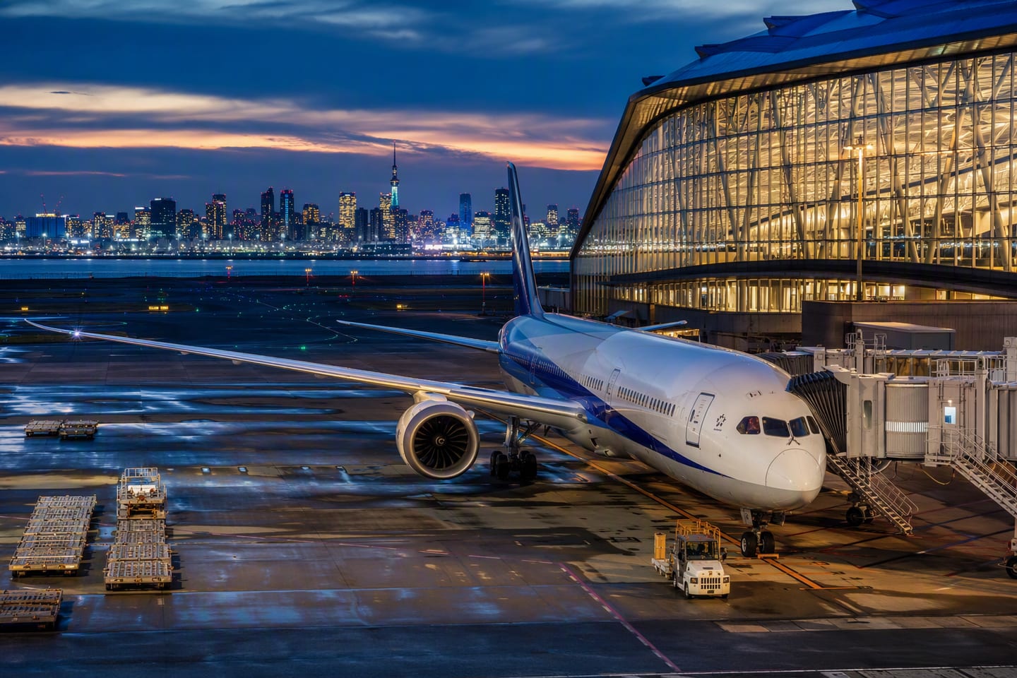 An ANA Boeing 787 Dreamliner rests at a gate beneath the illuminated glass canopy of Tokyo Haneda Airport at blue hour, with the Tokyo skyline glowing beyond the runway.