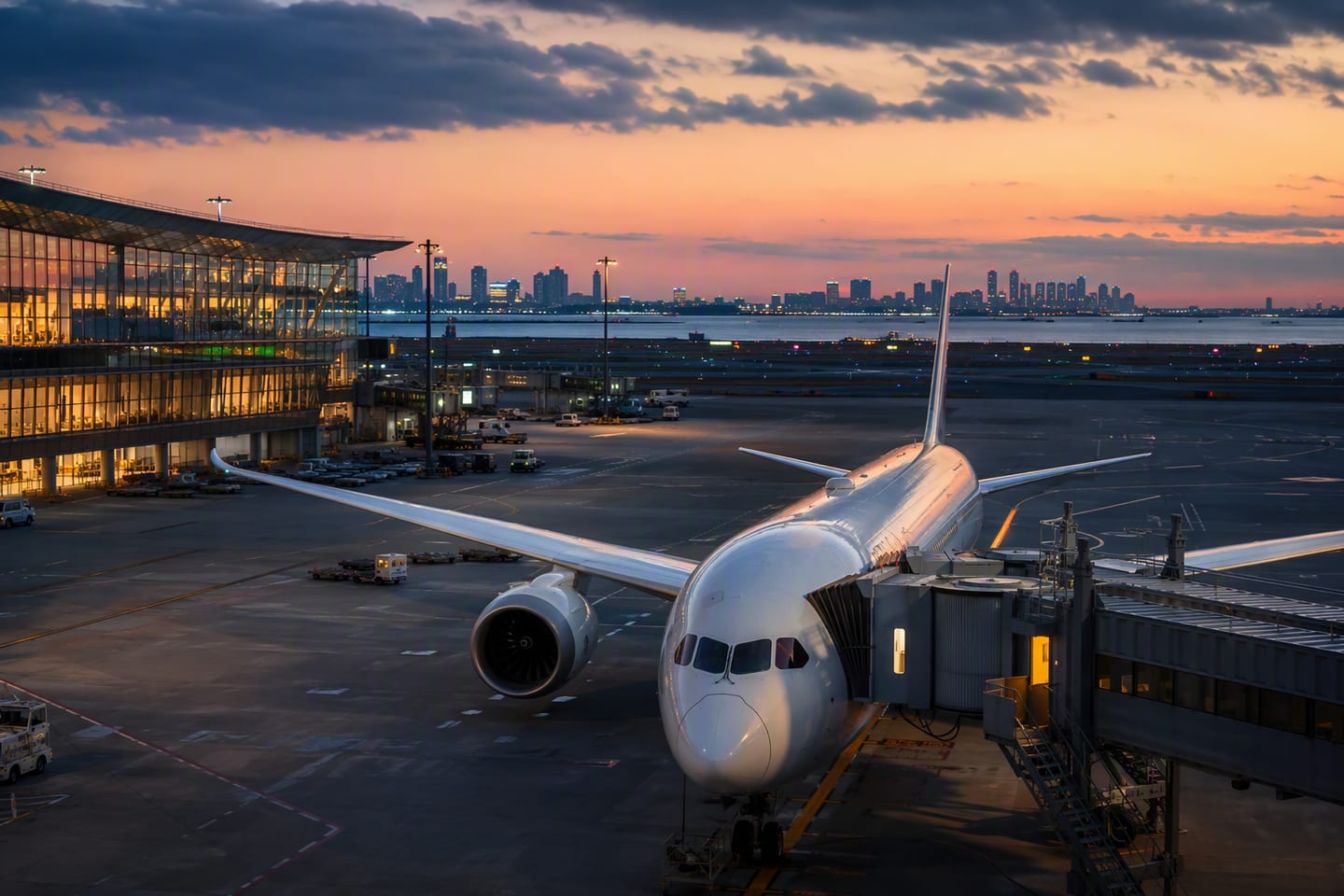 A wide-body Boeing 787 sits at the gate beneath the glowing departure halls of Tokyo Haneda Airport at dusk, its nose pointed toward a runway shimmering with city lights.
