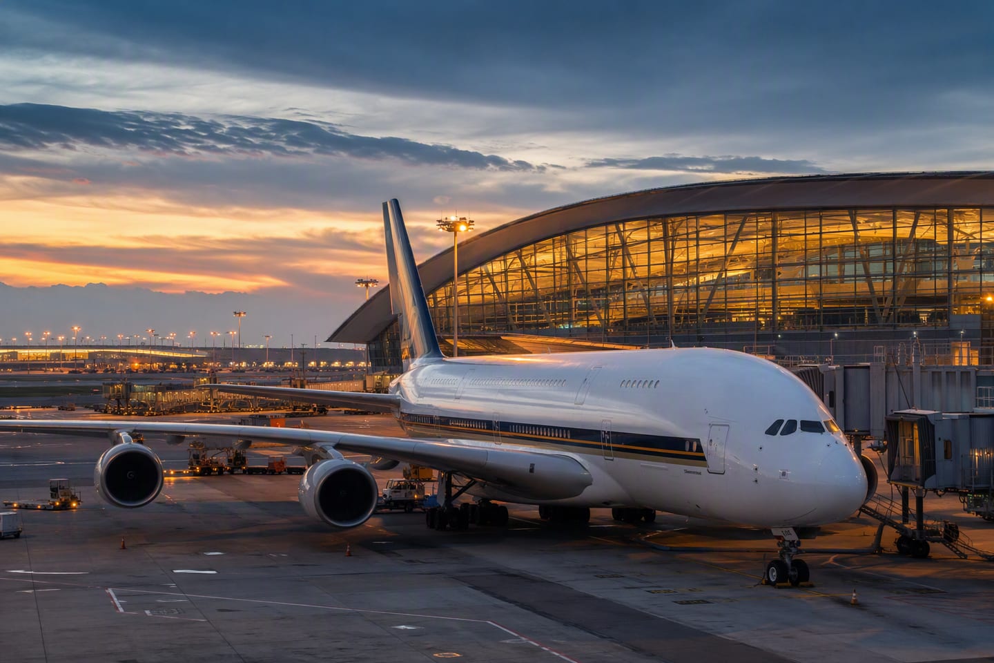 A Singapore Airlines Airbus A380 waits at the gate beneath the glowing terminal glass at Singapore Changi Airport at dusk.