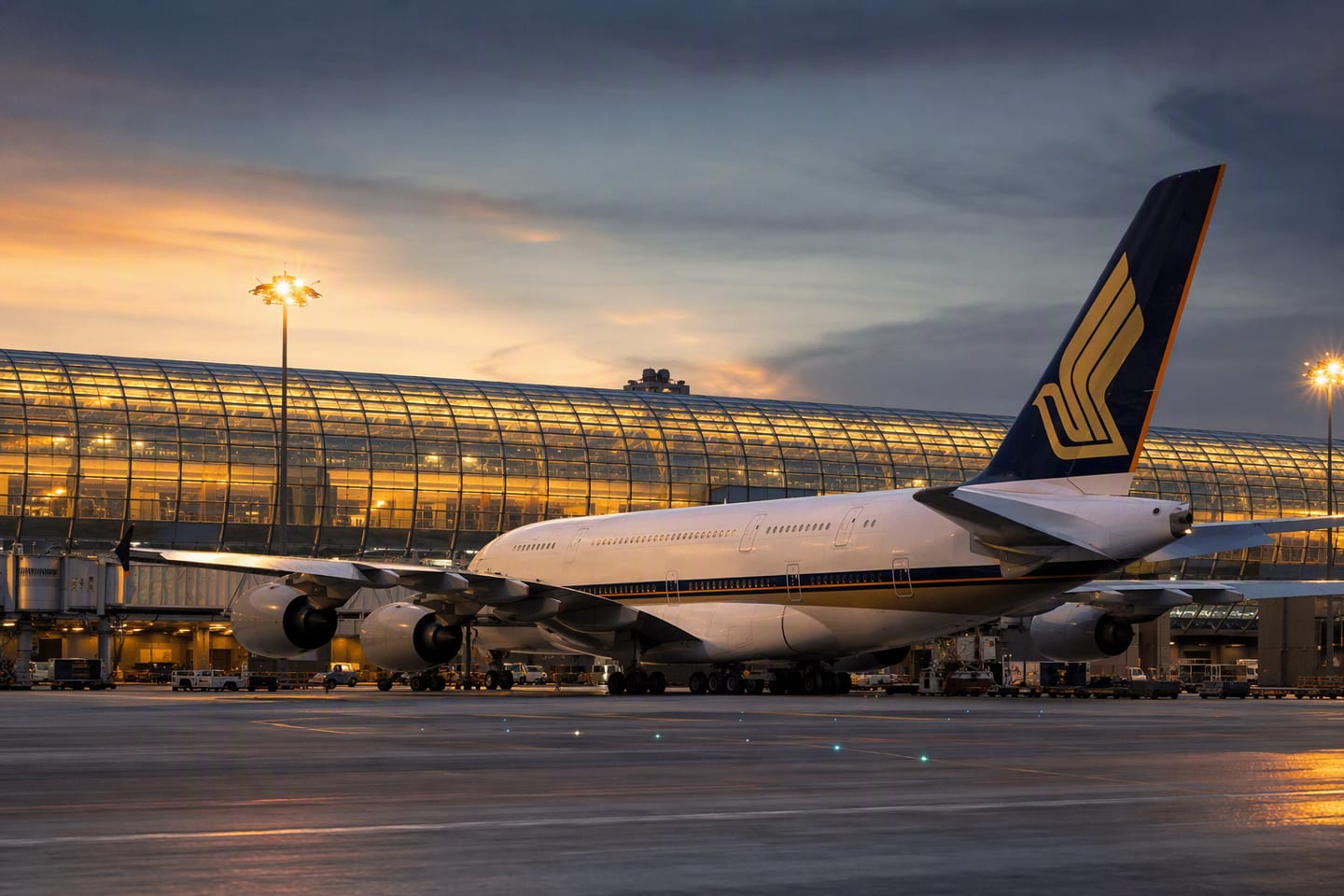 A Singapore Airlines Airbus A380 rests at the gate beneath the glowing terminal windows at Singapore Changi Airport at dusk.