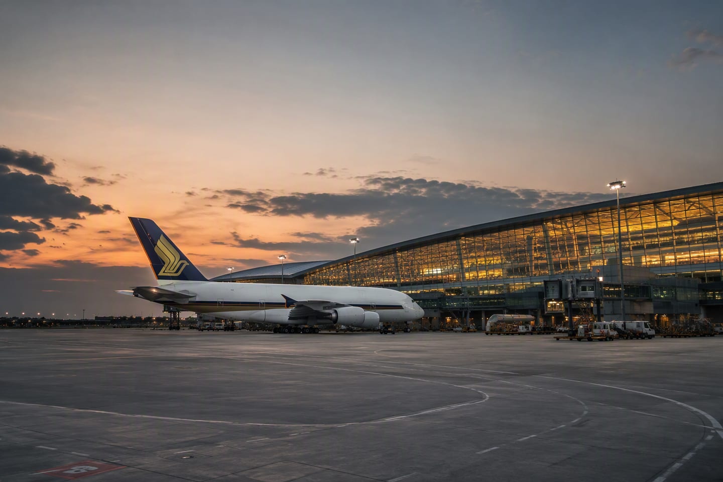 A Singapore Airlines Airbus A380 rests at the gate beneath the glowing terminal windows of Singapore Changi Airport at dusk, with the apron stretching empty in the foreground.
