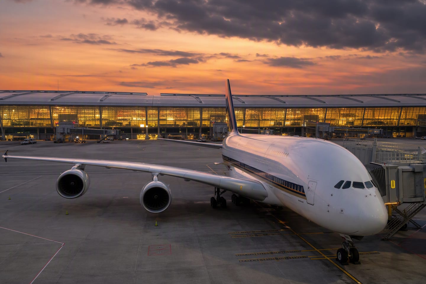 A Singapore Airlines A380 rests at the gate beneath the glowing terminal windows of Singapore Changi Airport at dusk.