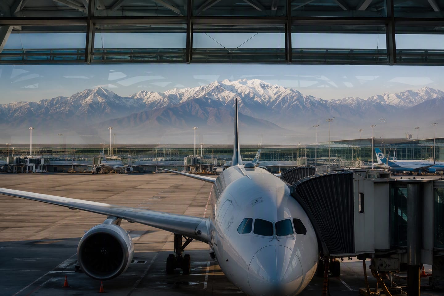 A LATAM Airlines Boeing 787 Dreamliner rests at a gate beneath the glass roof of Santiago International Airport, with the Andes rising beyond the terminal in clear morning light.
