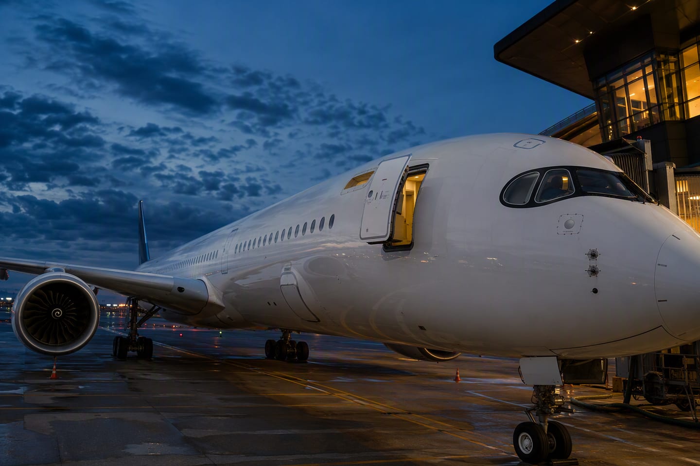 A wide-body Airbus A350 sits at an airport gate at dusk, its business-class cabin door open beneath glowing terminal windows and the rest of the aircraft stretching into the blue evening light.