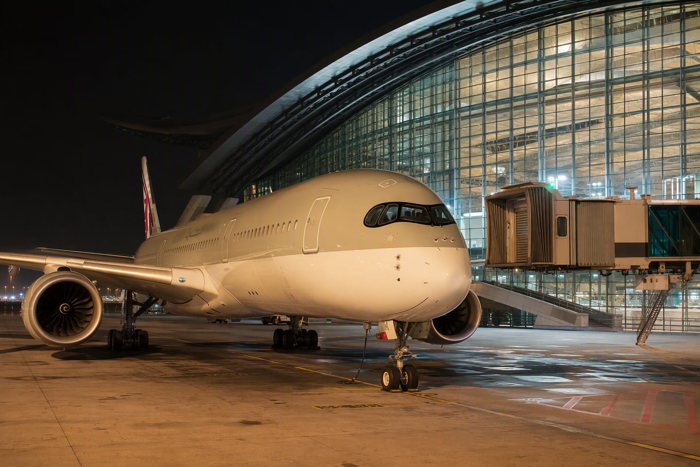 A Qatar Airways Airbus A350 rests at a gate beneath the glowing night glass canopy of Hamad International Airport in Doha, its empty boarding bridge leading toward the terminal.