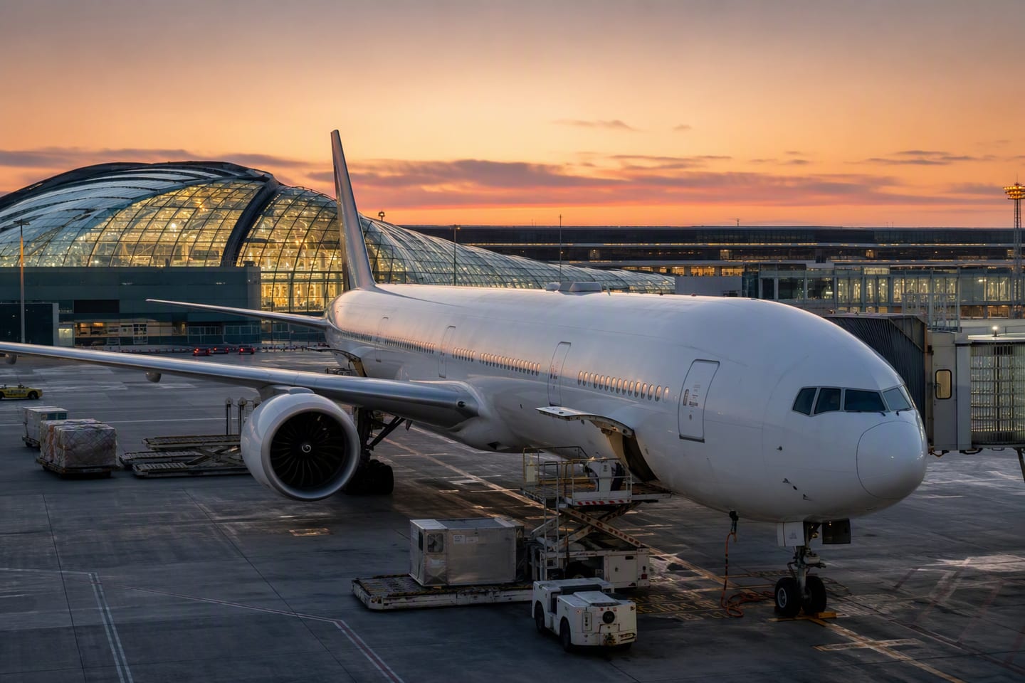 An Air France Boeing 777 rests at a gate beneath the glowing glass roofs of Paris Charles de Gaulle Airport at dusk.