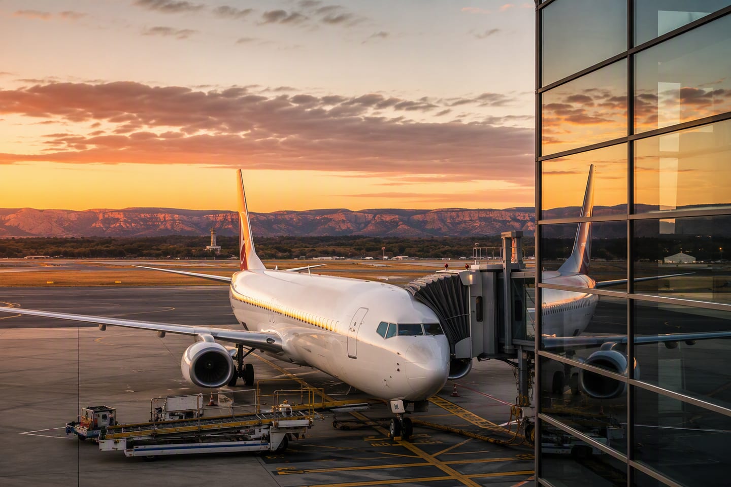 A Qantas Boeing 737 sits at the gate beneath the glowing dawn sky at Sydney Airport, with the terminal glass reflecting the aircraft and the Blue Mountains faintly visible beyond.