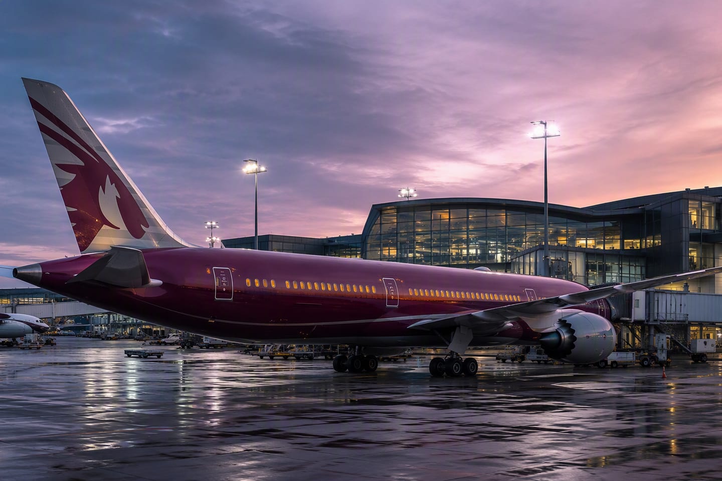 A Qatar Airways Boeing 777 in its distinctive burgundy livery sits at a John F. Kennedy International Airport gate at dusk, its illuminated cabin windows glowing beneath the terminal lights.