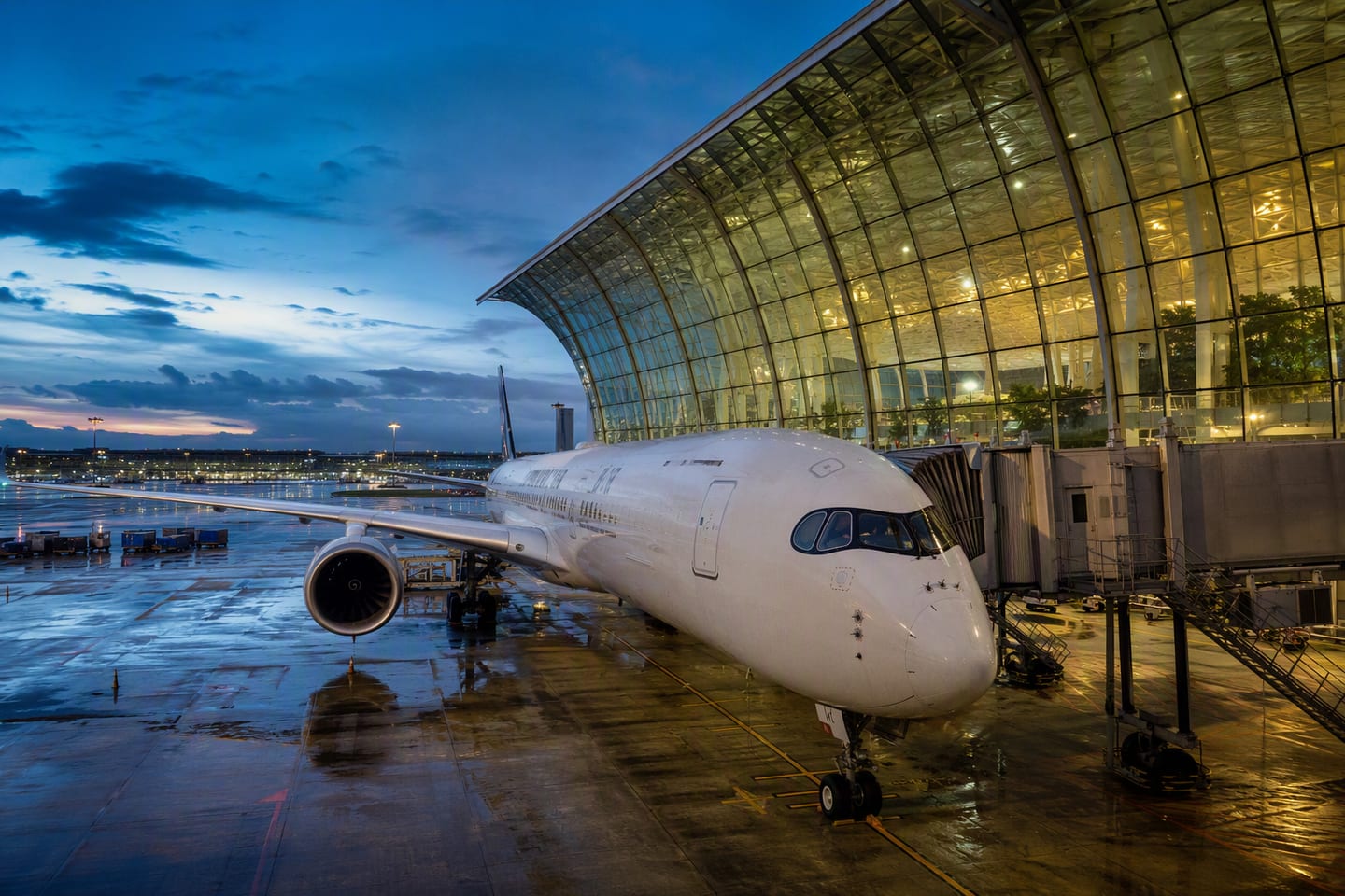 A Singapore Airlines Airbus A350 in Star Alliance livery stands at a gate beneath the soaring glass roof of Singapore Changi Airport at blue hour.