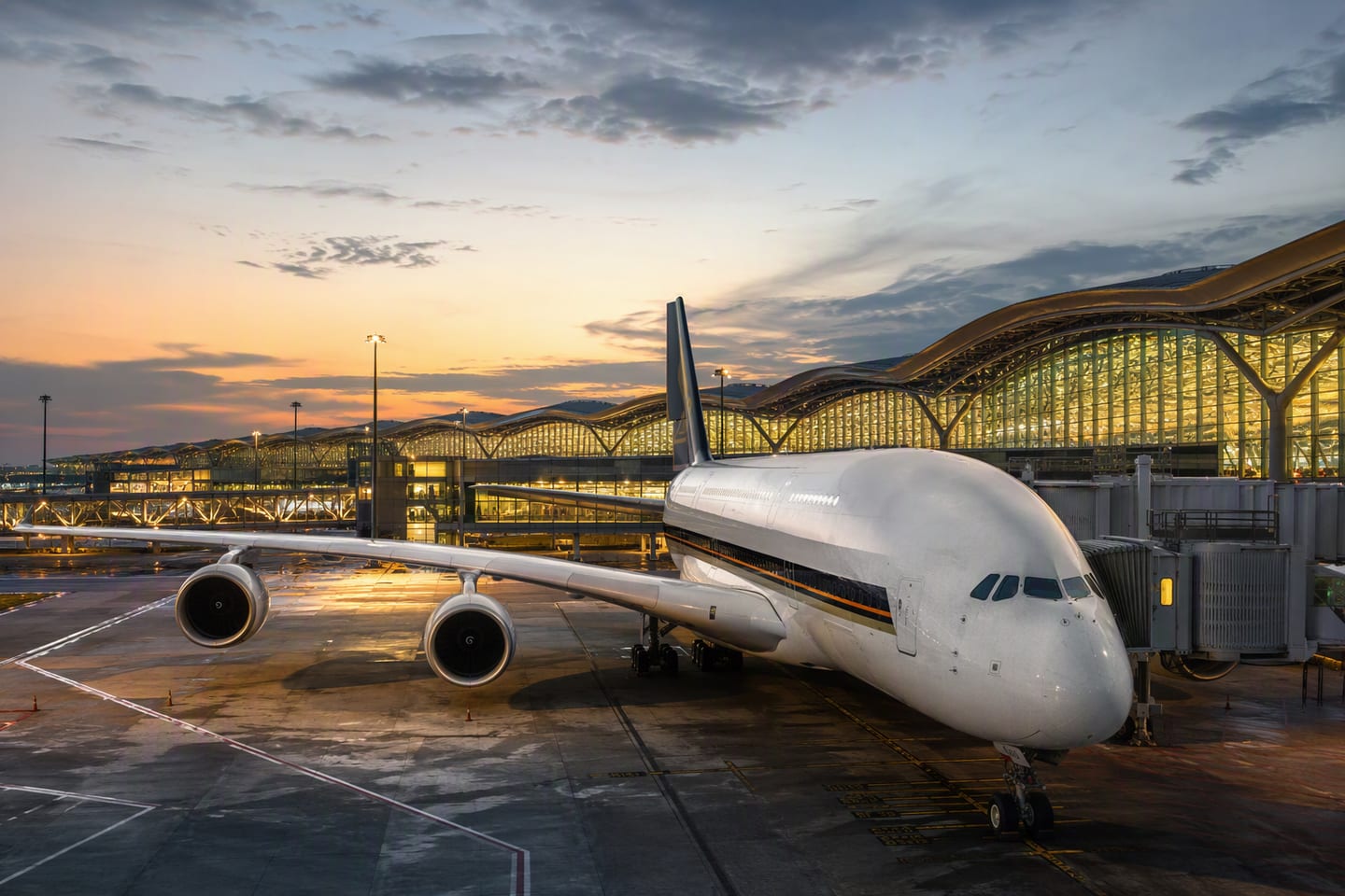 A Singapore Airlines Airbus A380 sits at the gate beneath the illuminated glass roof of Singapore Changi Airport at dusk, with the terminal’s sweeping architecture glowing around it.