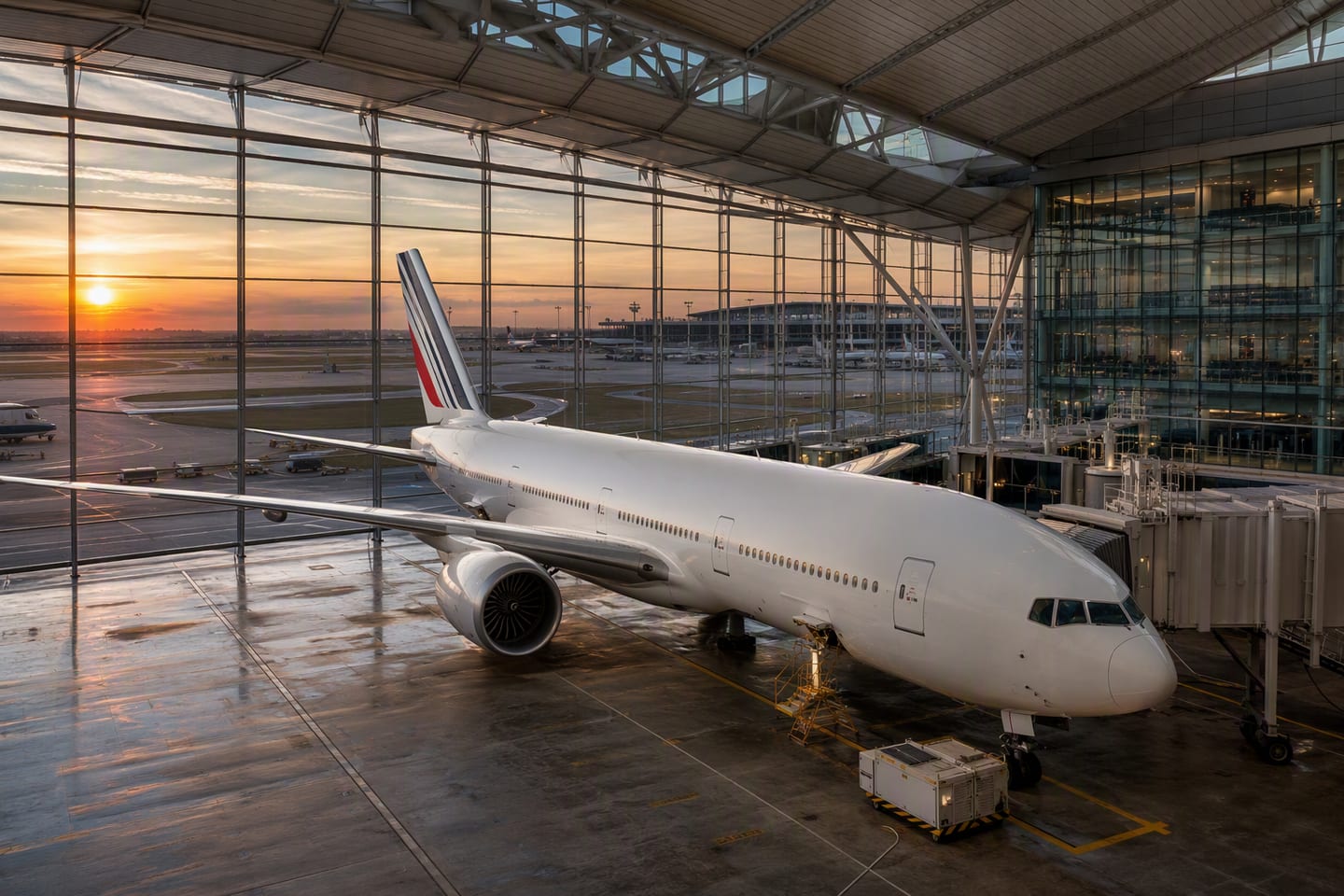 An Air France Boeing 777-300ER sits at a gate beneath the glass roof of Dallas–Fort Worth International Airport, its tricolor tail glowing in the warm evening light.