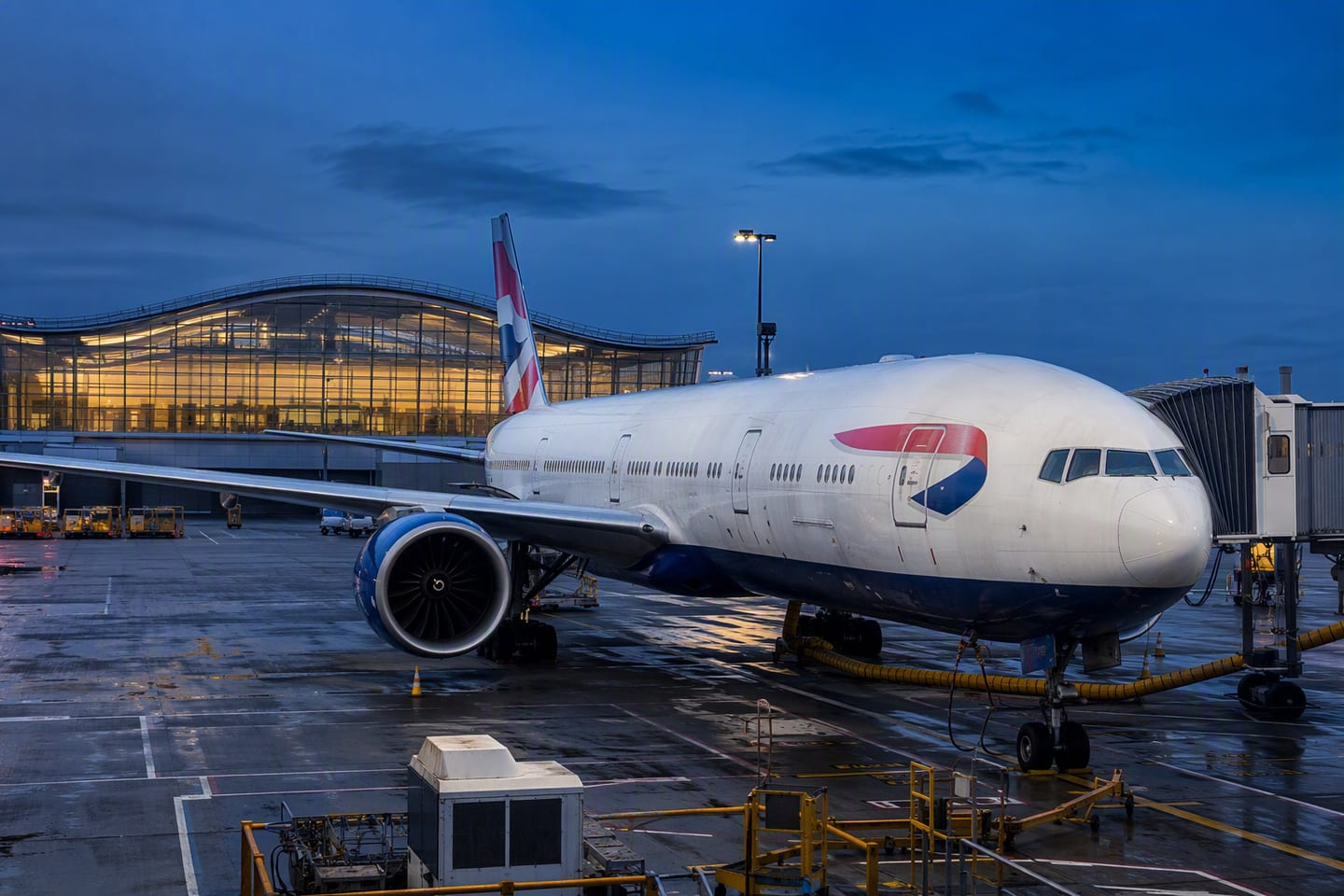 A British Airways Boeing 777-300ER rests at the gate beneath the glowing terminal glass at London Heathrow Airport in the blue hour.