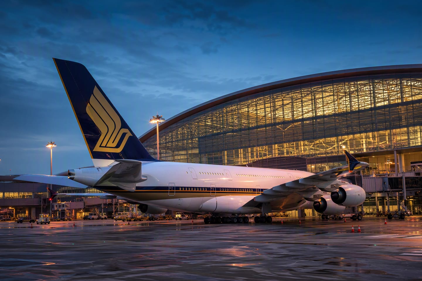 A wide-body Singapore Airlines Airbus A380 sits at the gate beneath the glowing departure hall lights at Singapore Changi Airport after dusk.