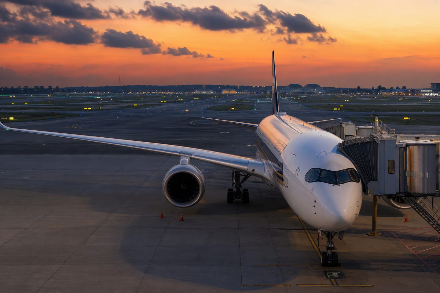 A Singapore Airlines Airbus A350 sits at the gate beneath the illuminated terminal glass at Singapore Changi Airport after dusk, with runway lights glowing beyond.